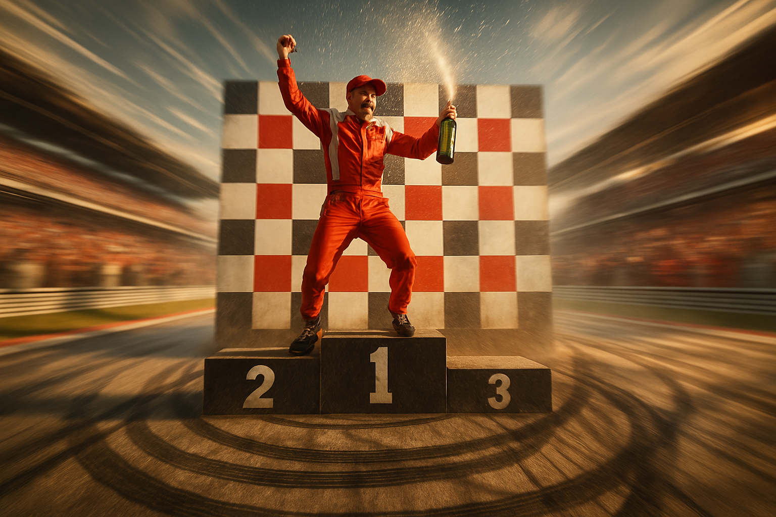Podium celebration, tire marks, speed blur, excitement