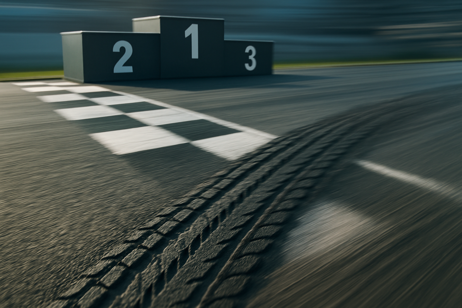 Close-up podium, jejak ban, blur kecepatan