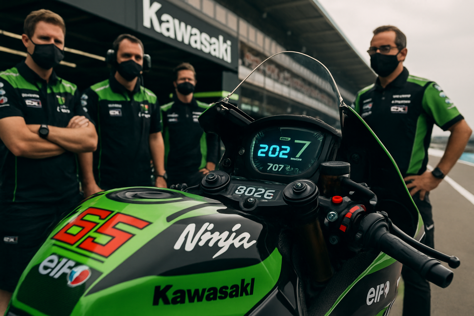 Kawasaki team in the pit lane, close-up of Rea's cockpit, 2026