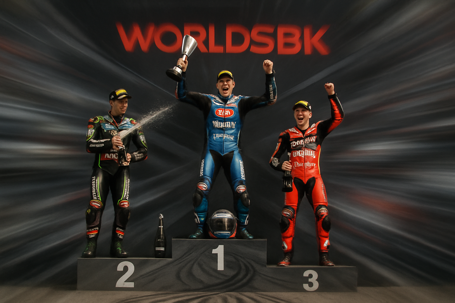 Podium celebration, WorldSBK tire marks, speed blur effect