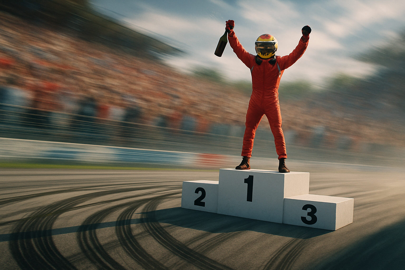 Podium celebration, tire marks, speed blur