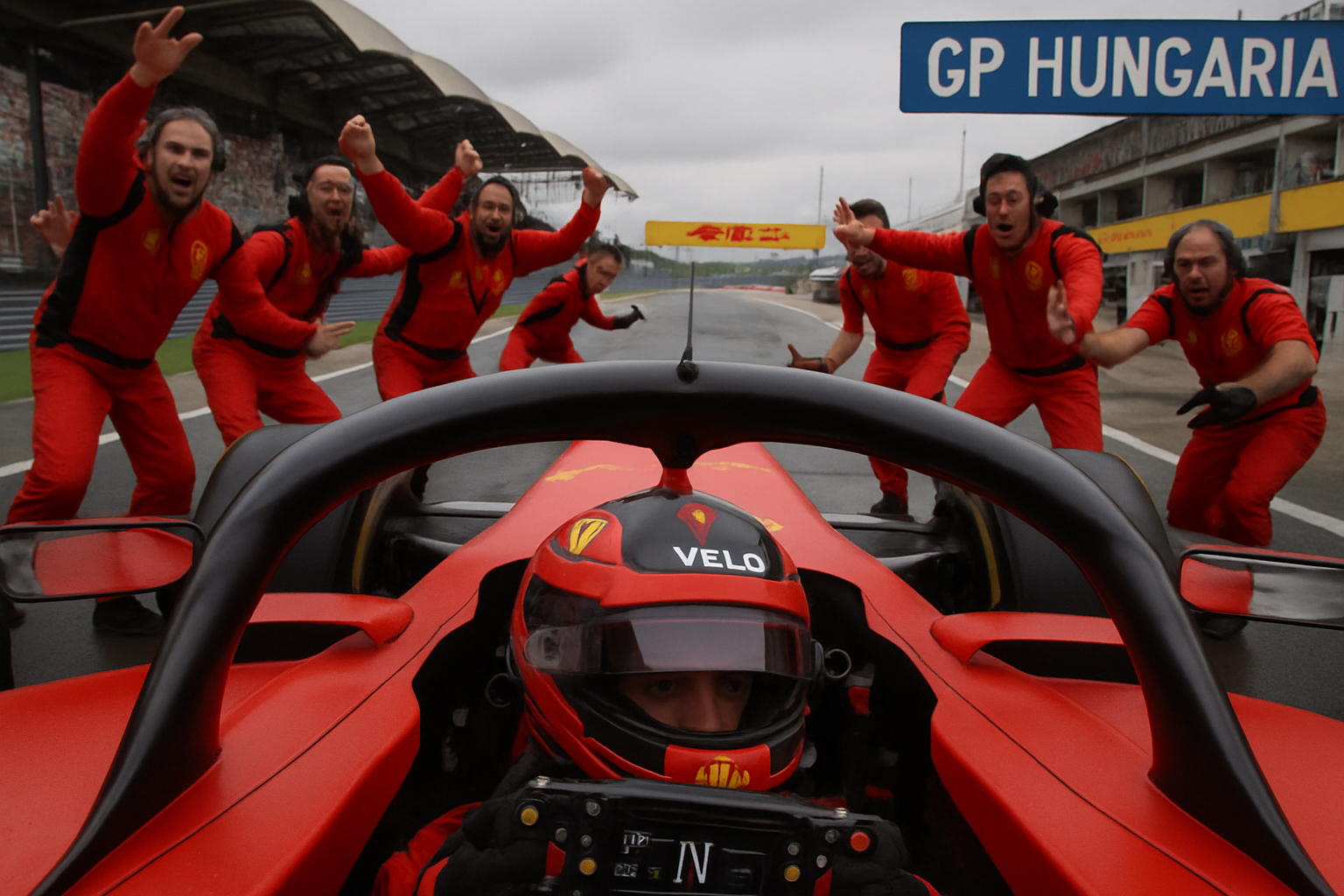 Pit lane strategy moment, cockpit detail, team reaction in GP Hungaria
