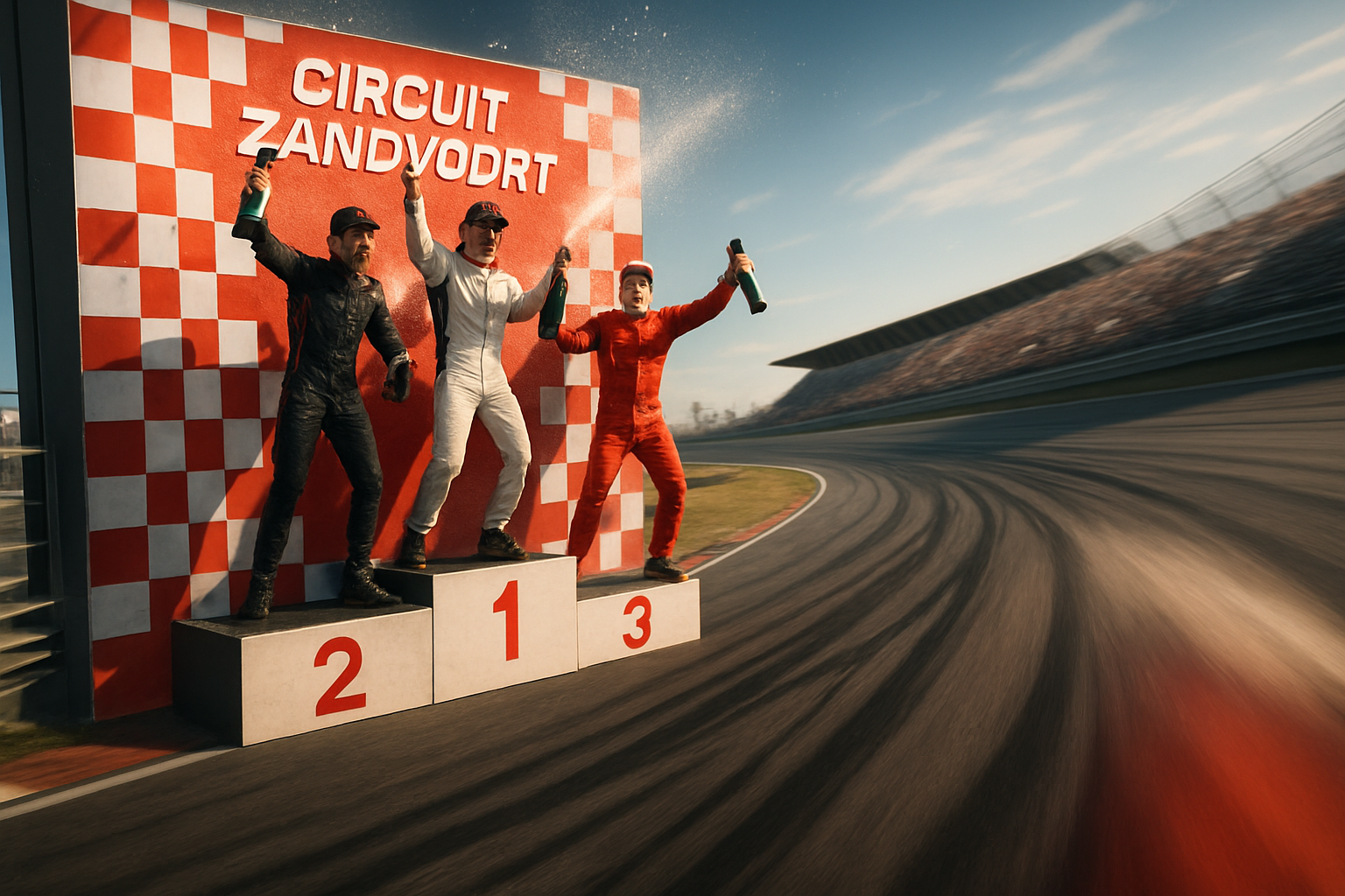 Podium celebrations, tire marks on track, speed blur at Zandvoort