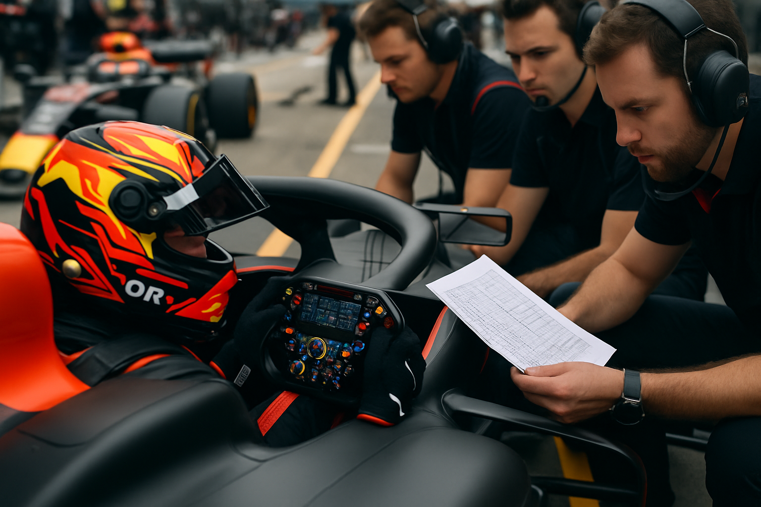 F1 pit lane action, cockpit detail, team strategy