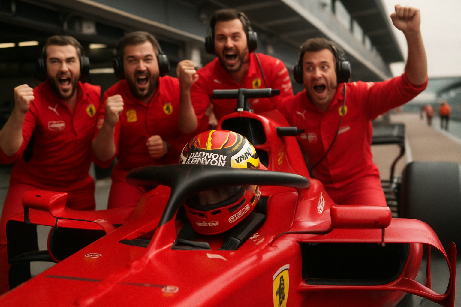Different angle — pit lane, cockpit detail, team reaction