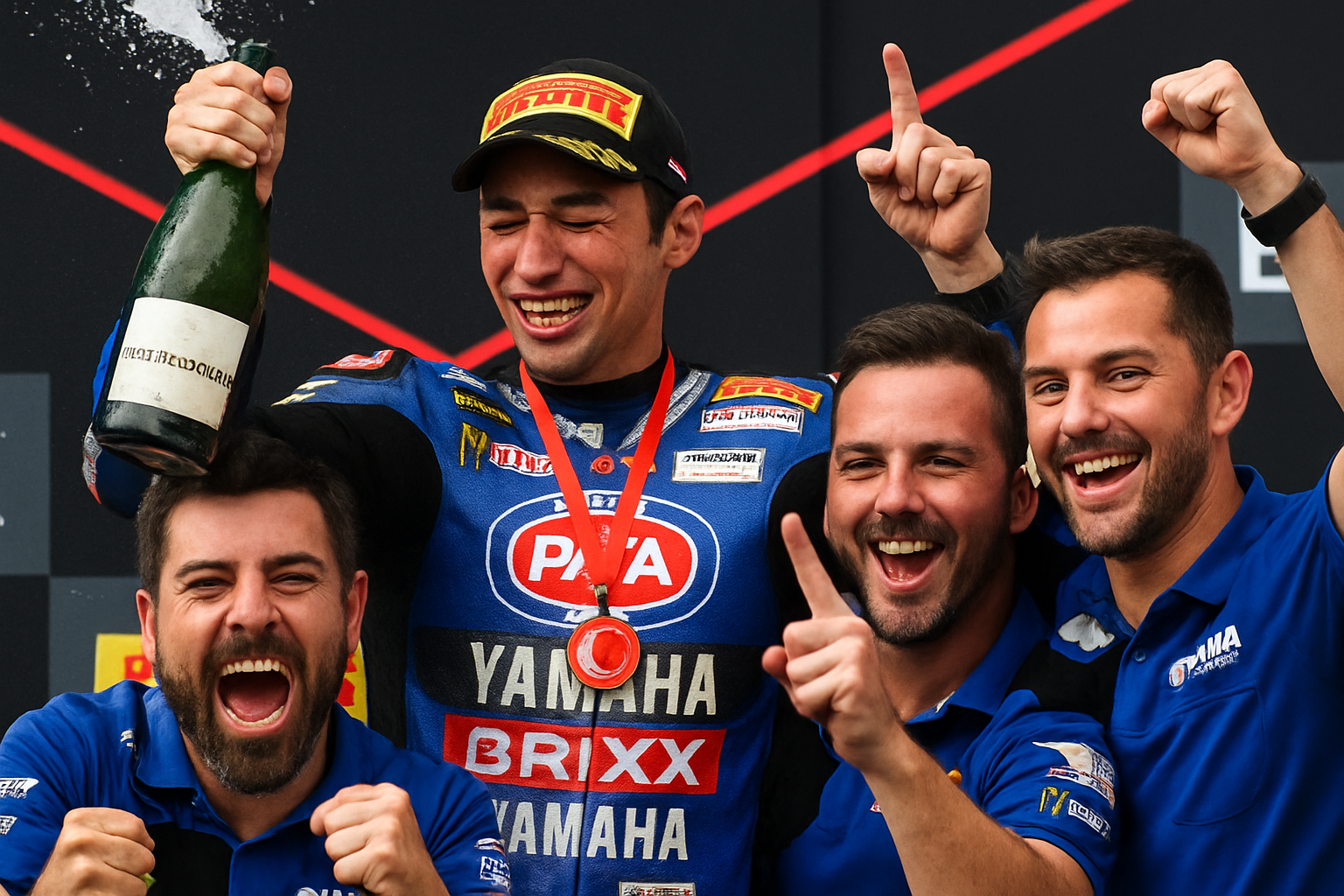 Close-up of podium celebration with Razgatlioglu and team