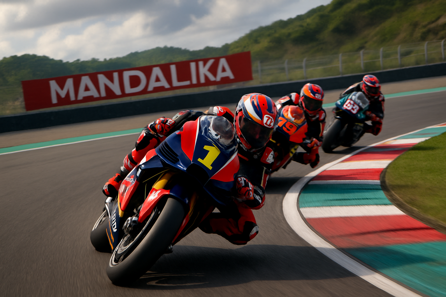 MotoGP race action at Mandalika, dynamic angle, 2026 season