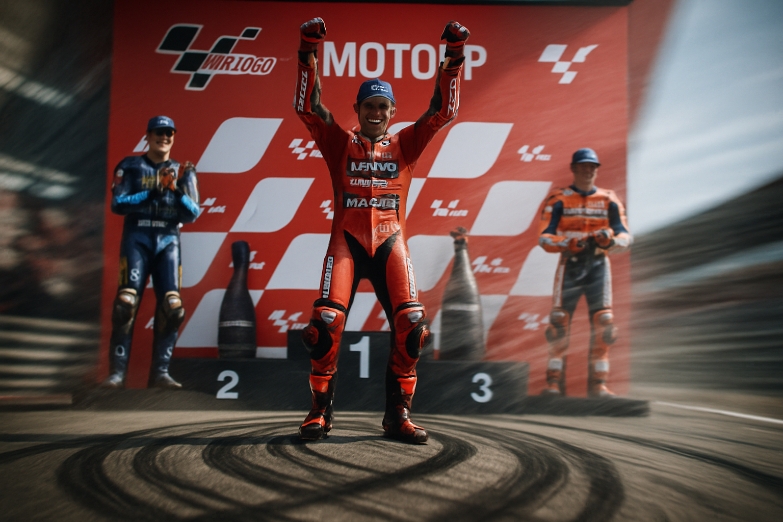 Podium celebration in MotoGP, tire marks, speed blur