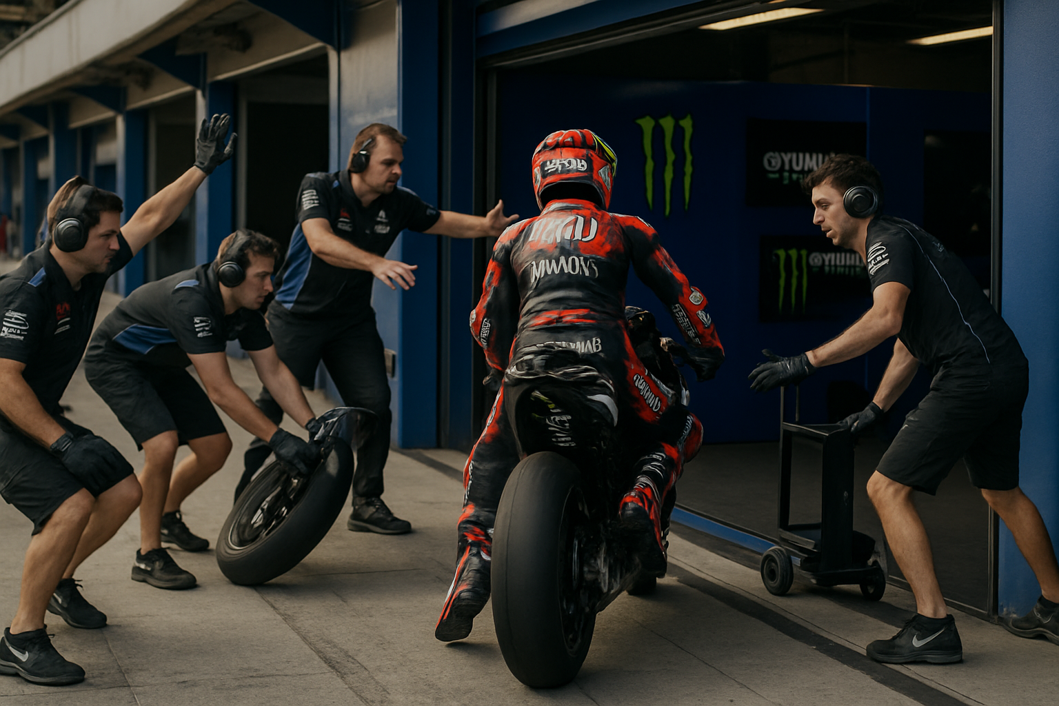 Pit lane scene with team mechanics in action, rider entering garage