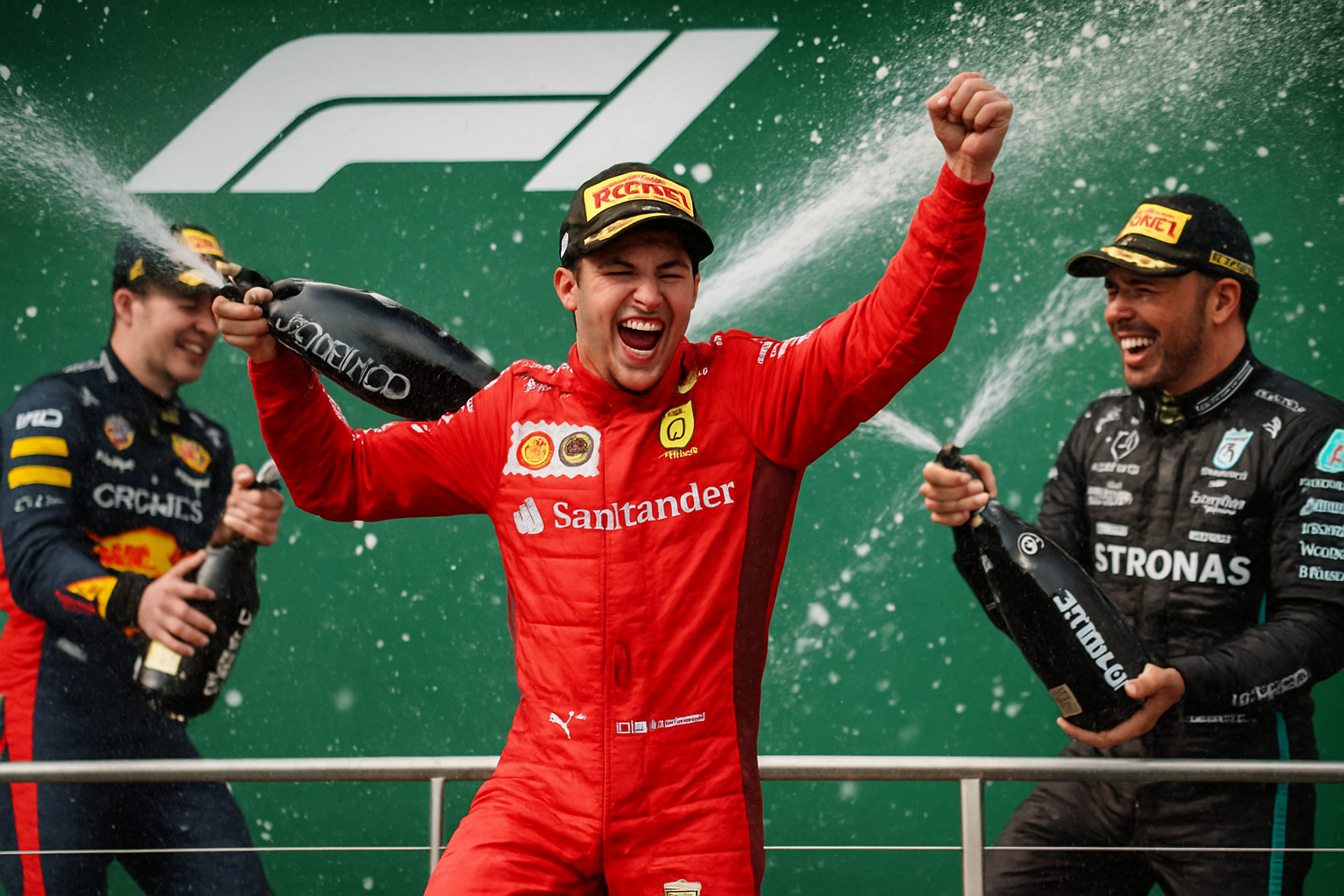 Podium celebration at a Formula 1 race, dynamic and lively