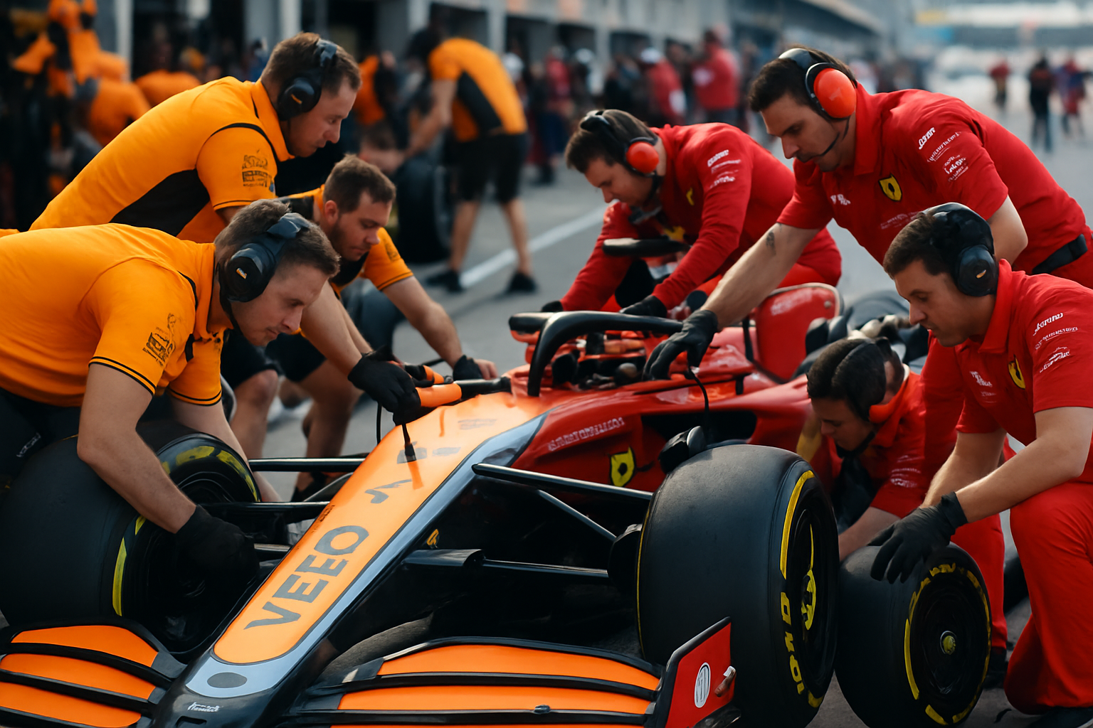 Close-up of pit lane activity, with McLaren and Ferrari crews working on cars