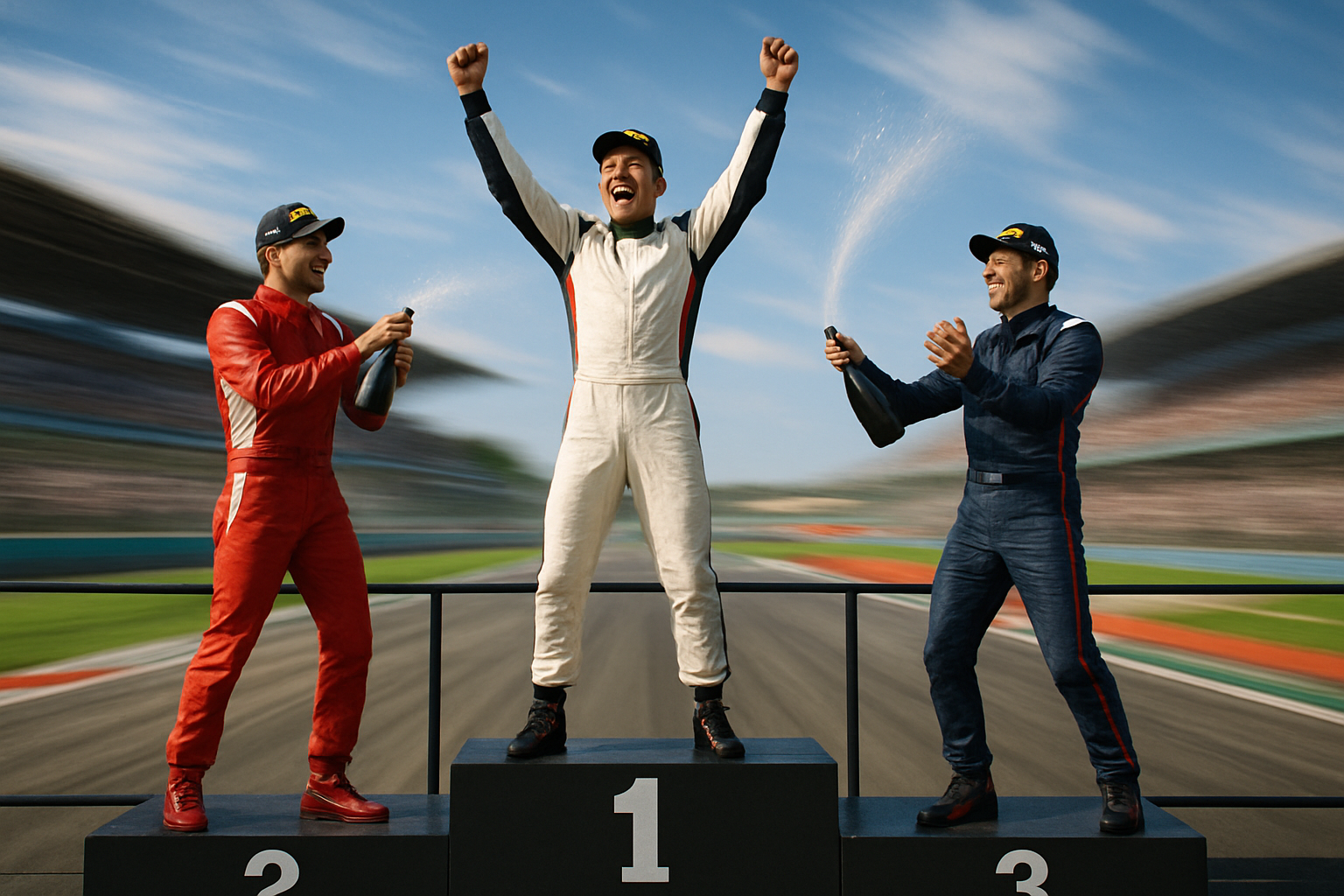 Wide shot of a podium celebration with drivers, speed blur in background