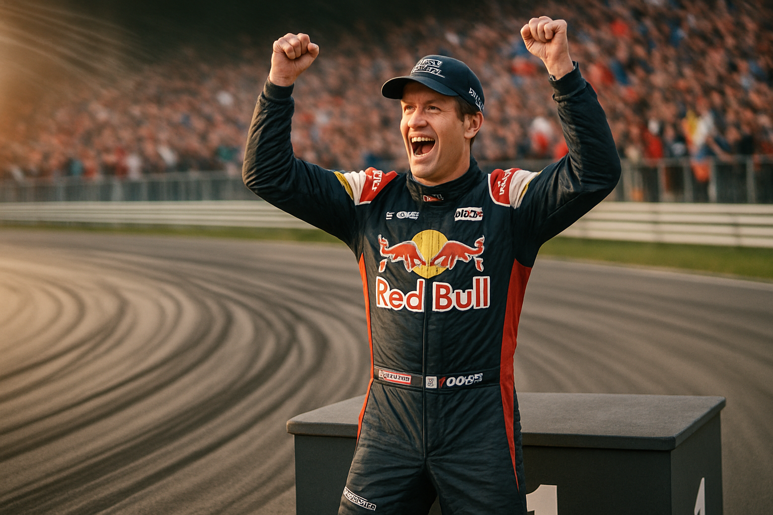 Ogier celebrating on podium, tire marks on track, speed blur