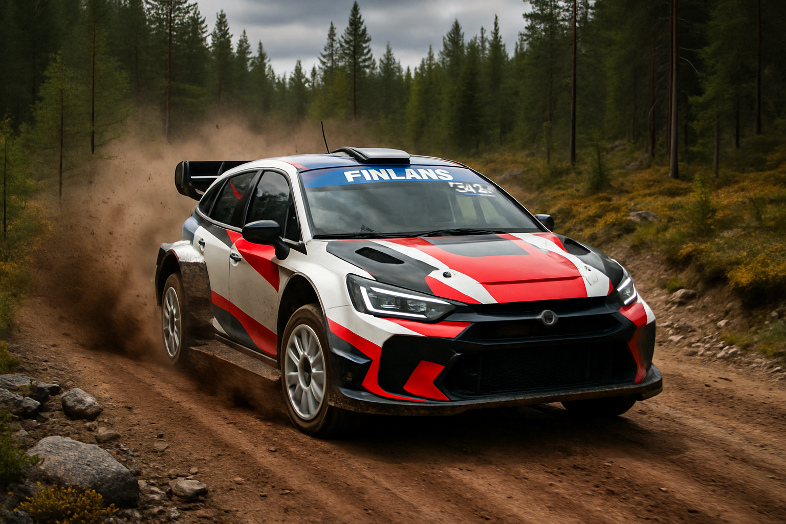 Rally car navigating rugged Finland terrain, dynamic angle, 2026 season