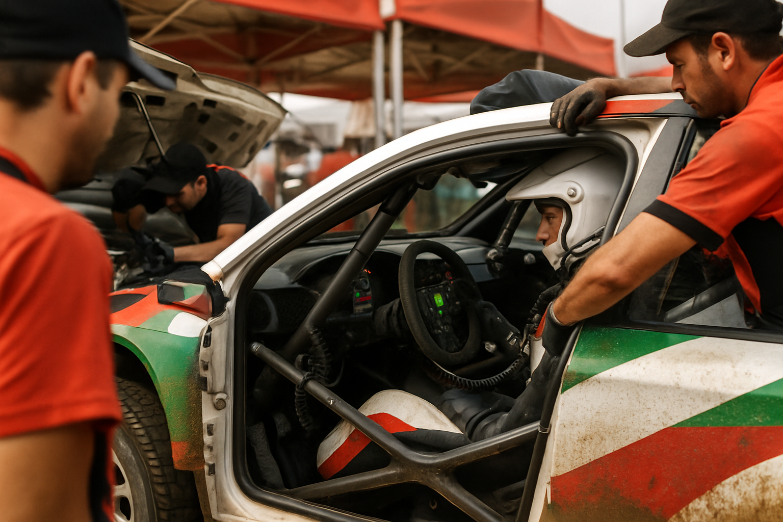 Close-up of a pit lane during rally, showing team activity and cockpit detail