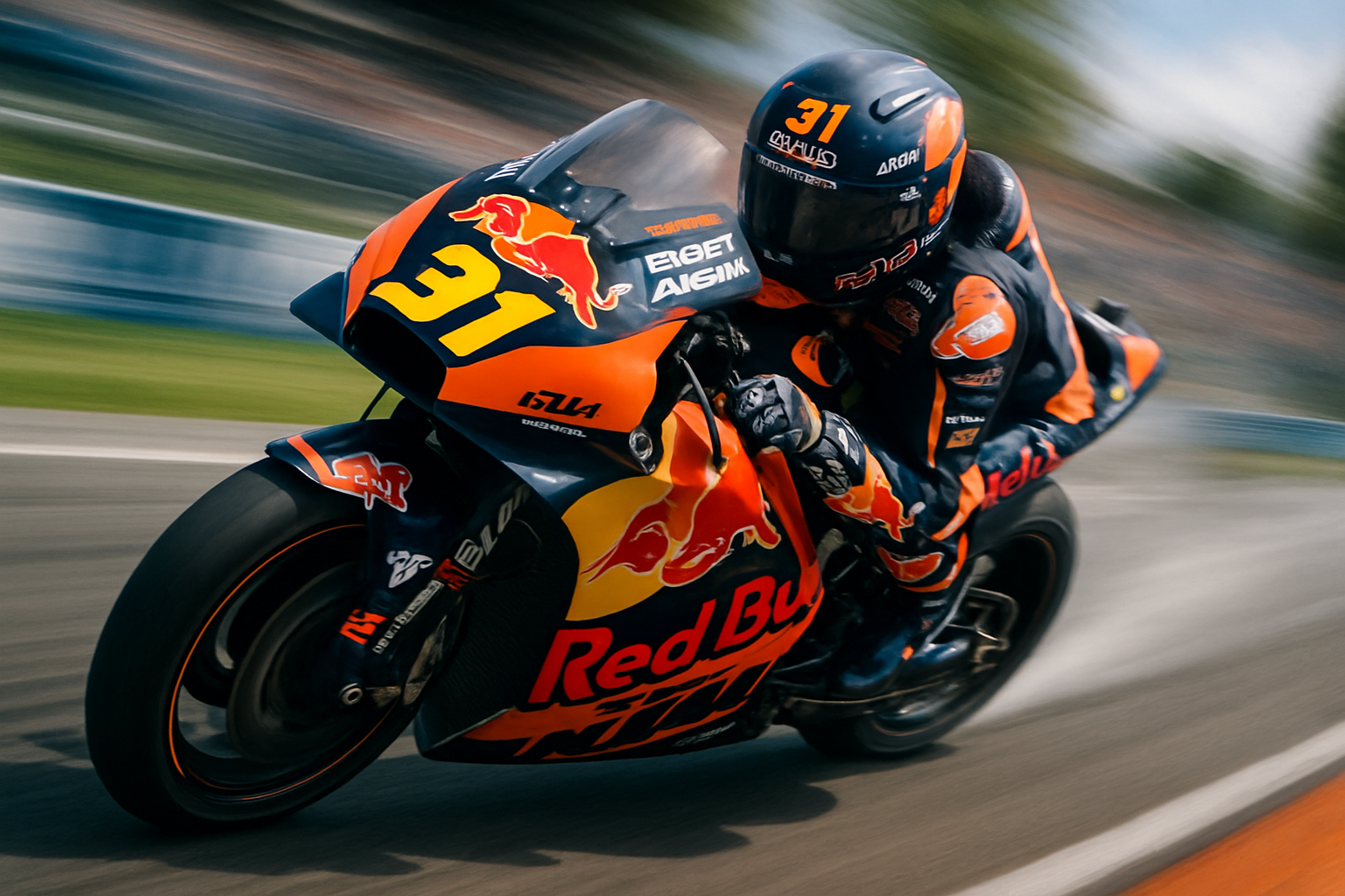 MotoGP race action with Pedro Acosta in KTM, dynamic angle, speed blur, 2026 season