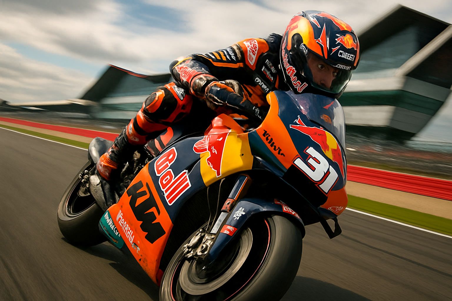 Pedro Acosta racing action in Silverstone, dynamic angle, 2026 season