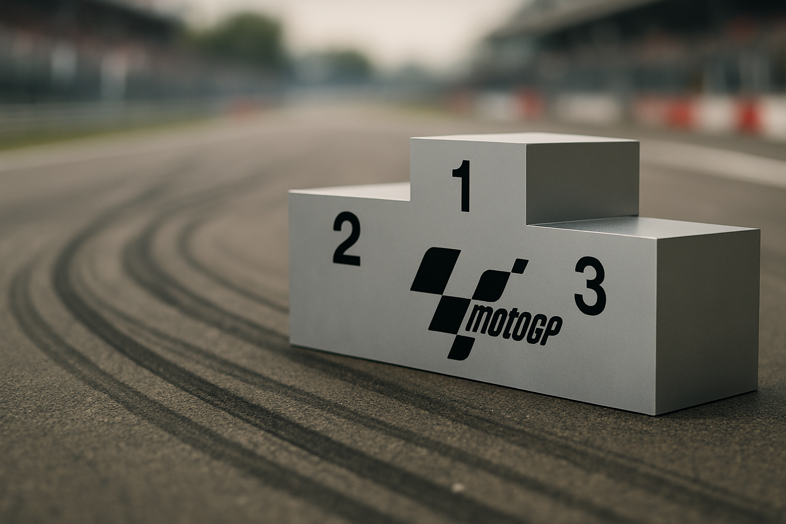 Close-up of MotoGP podium, tire marks on track, blurred background