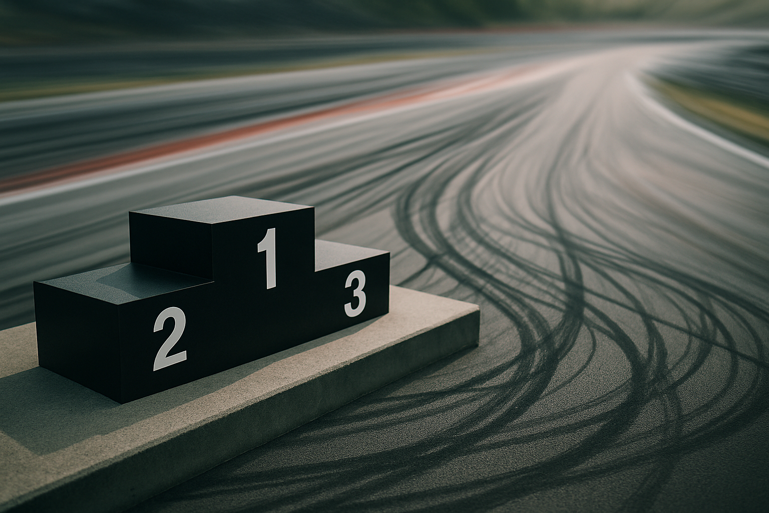 Close-up or wide shot — podium, tire marks, speed blur