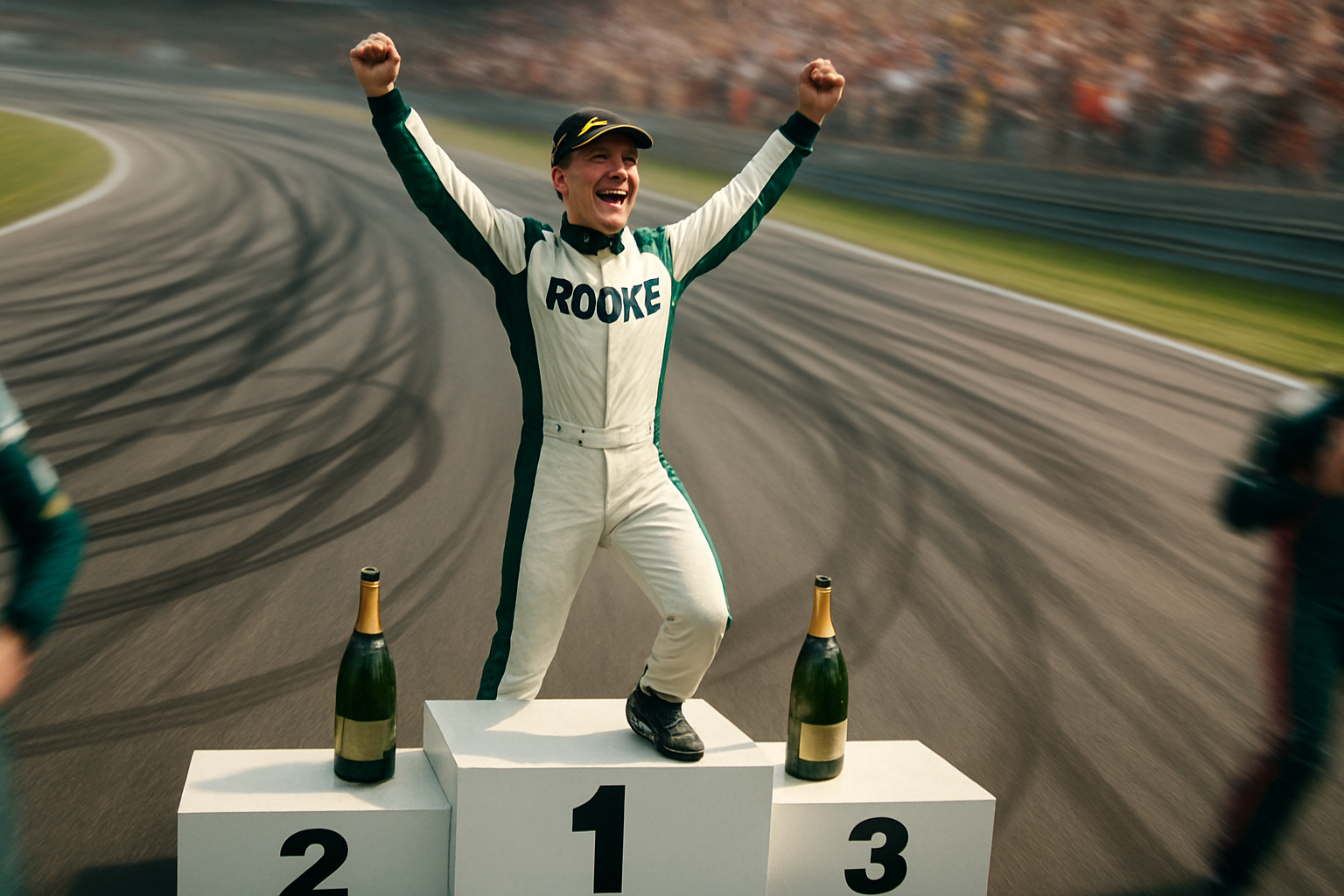Podium celebration with rookie, tire marks on track, speed blur