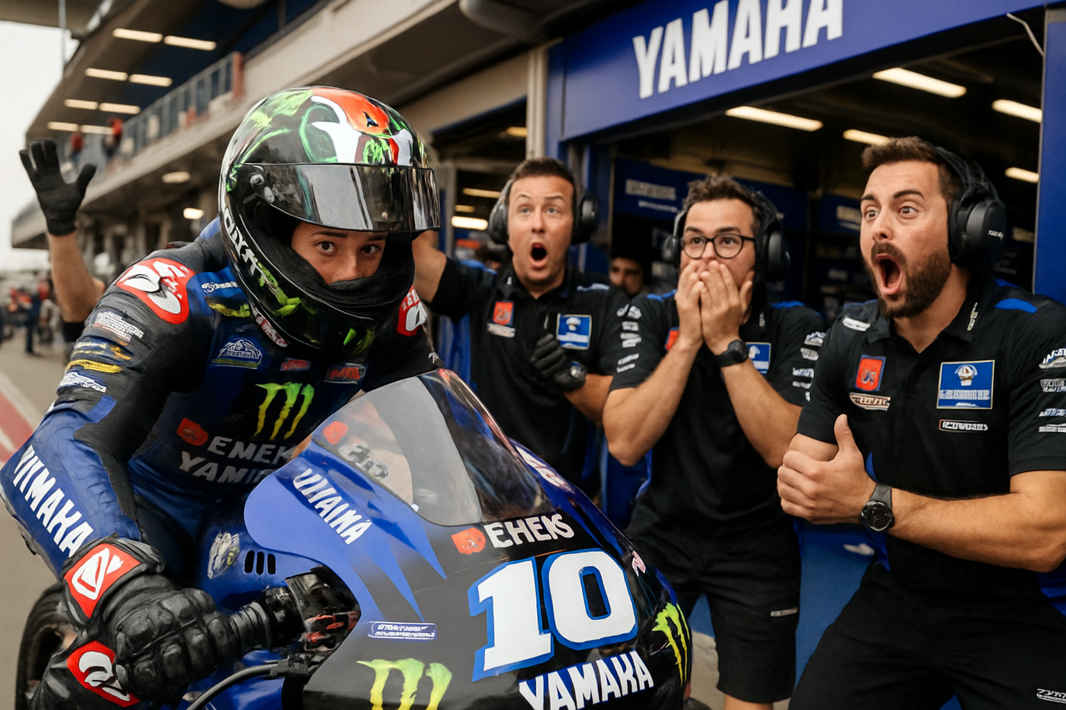 Pit lane scene with Yamaha team, cockpit detail, team reaction