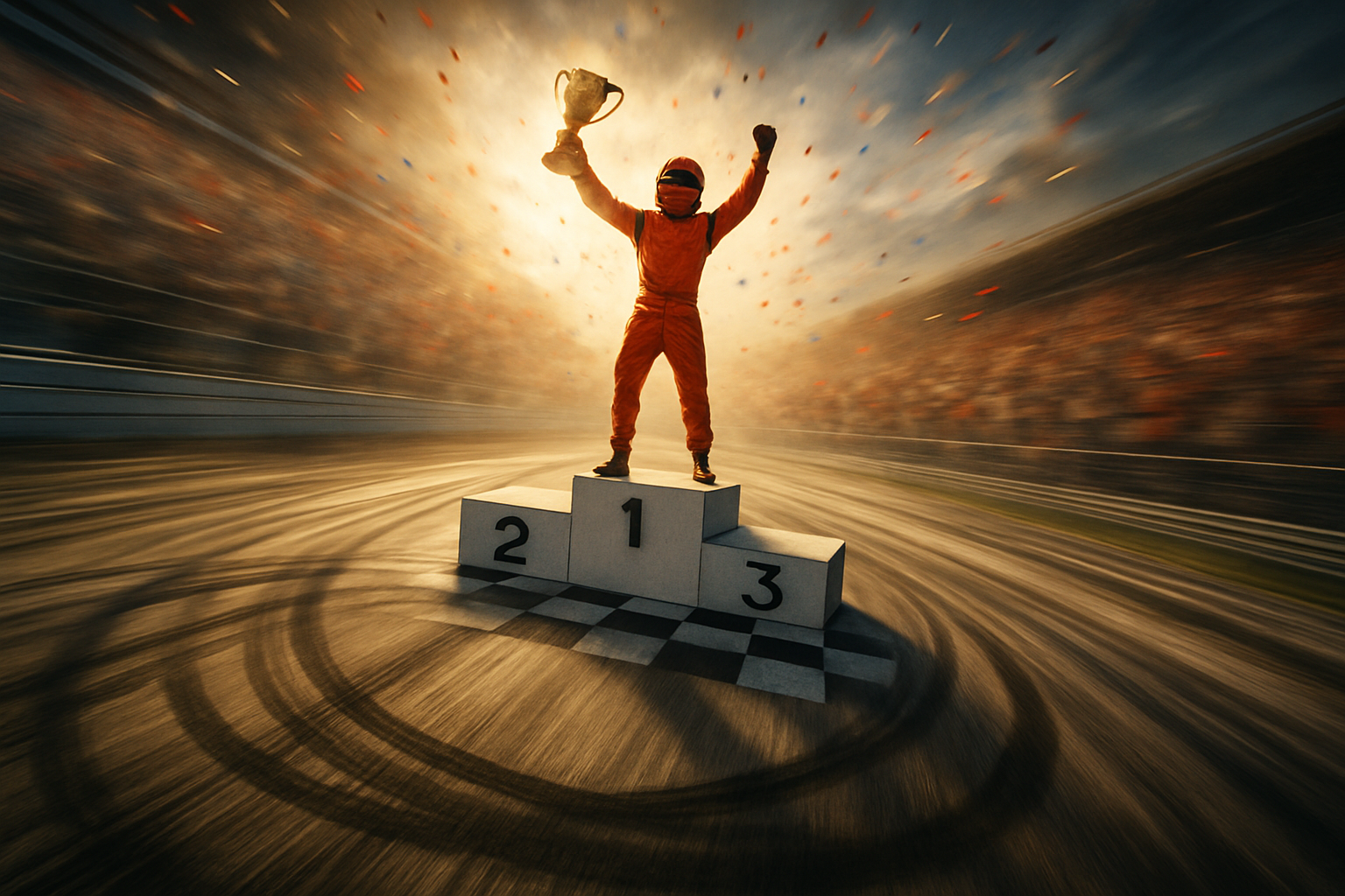 Podium celebration, tire marks, speed blur