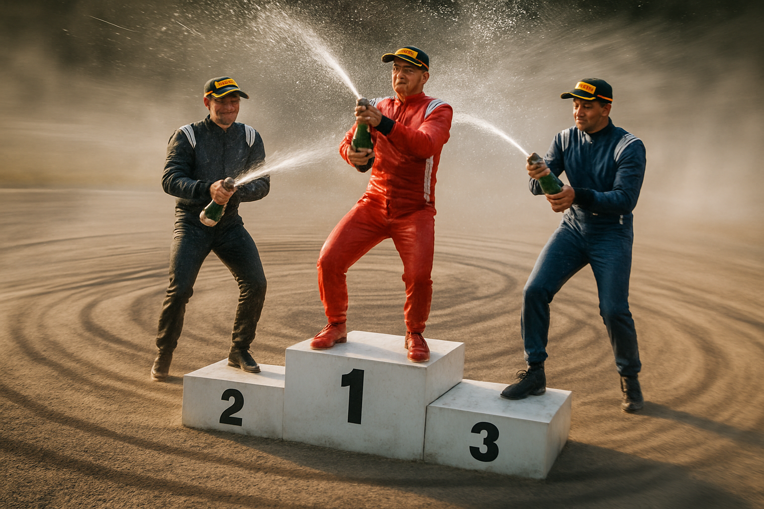 Podium celebration, tire marks on gravel, speed blur