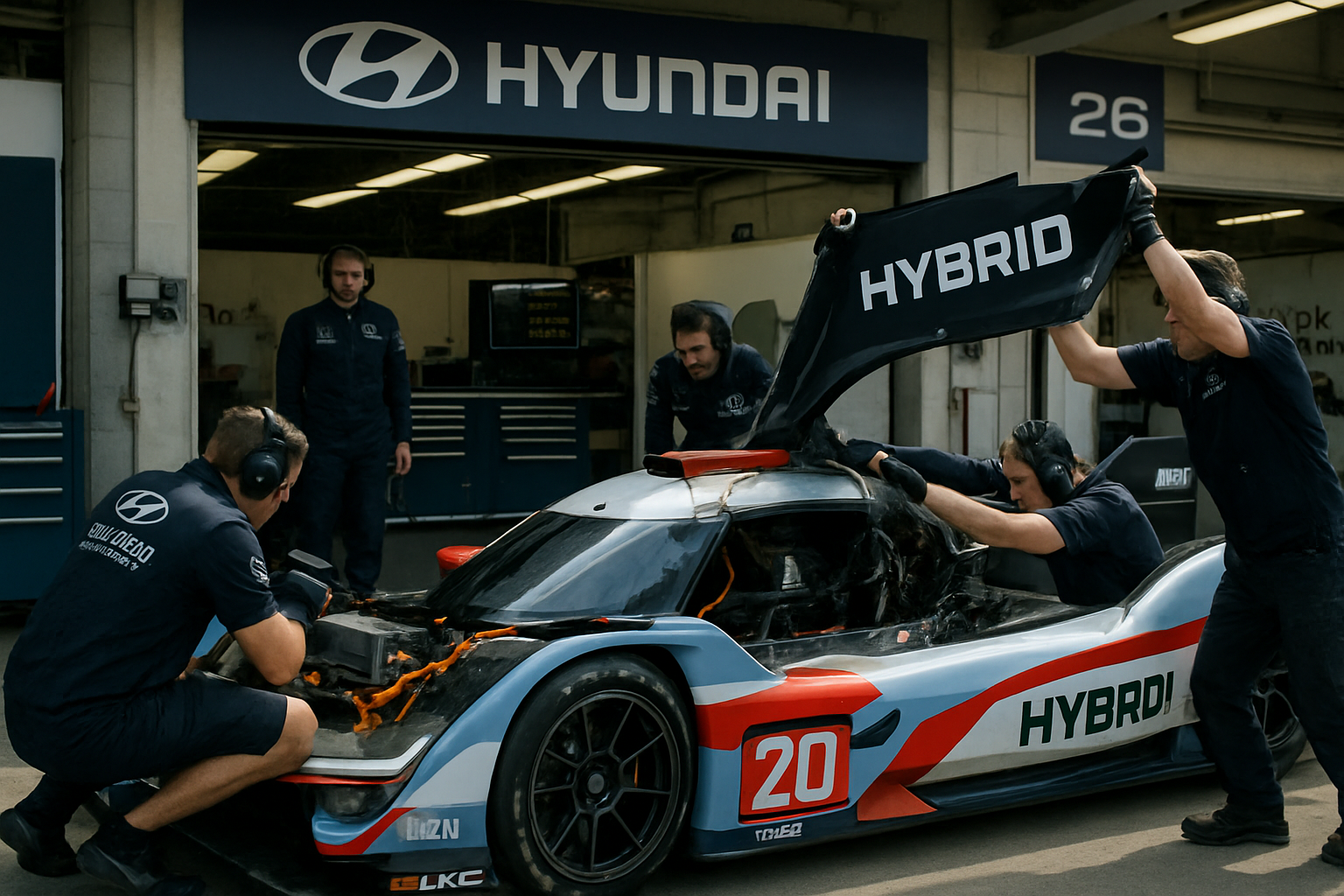 Inside Hyundai pit lane, team working on hybrid system, 2026 season