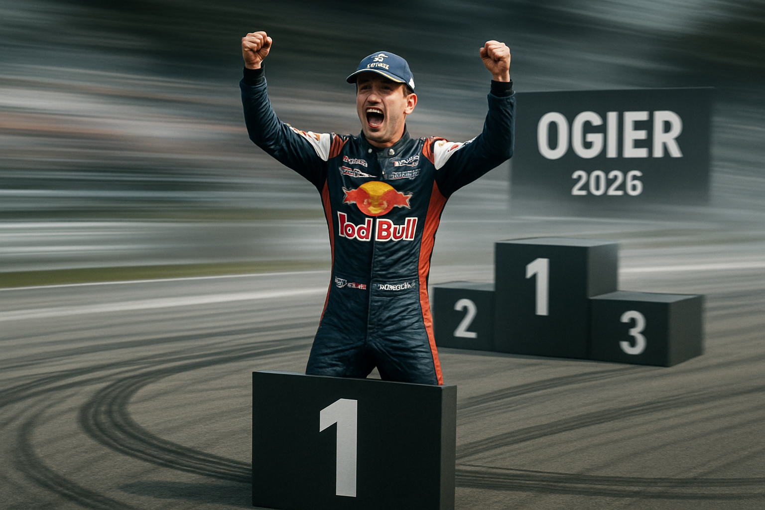 Ogier on podium celebrating, tire marks, speed blur, 2026 season