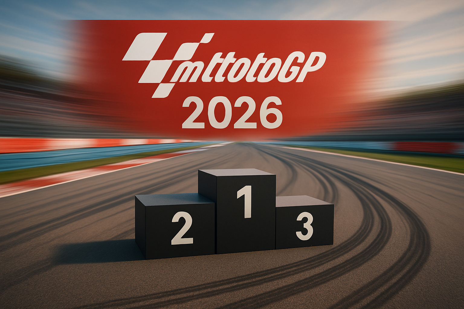 Podium, tire marks, speed blur, MotoGP 2026
