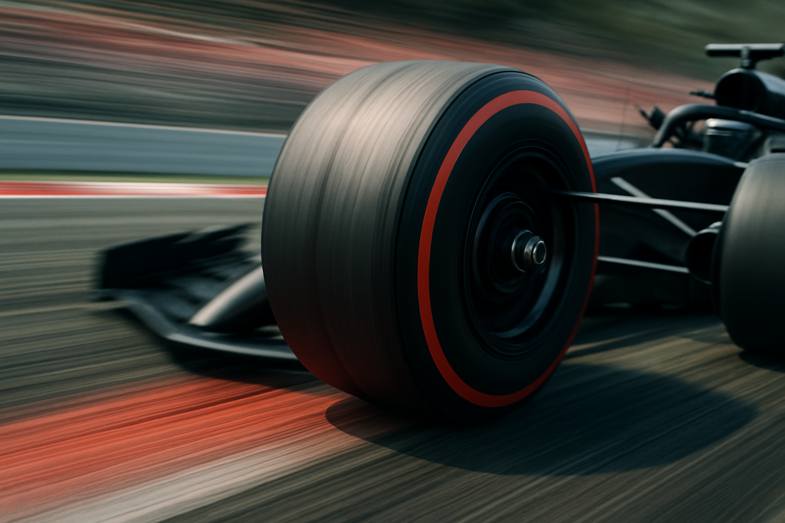 Close-up of F1 car tires with speed blur on the track