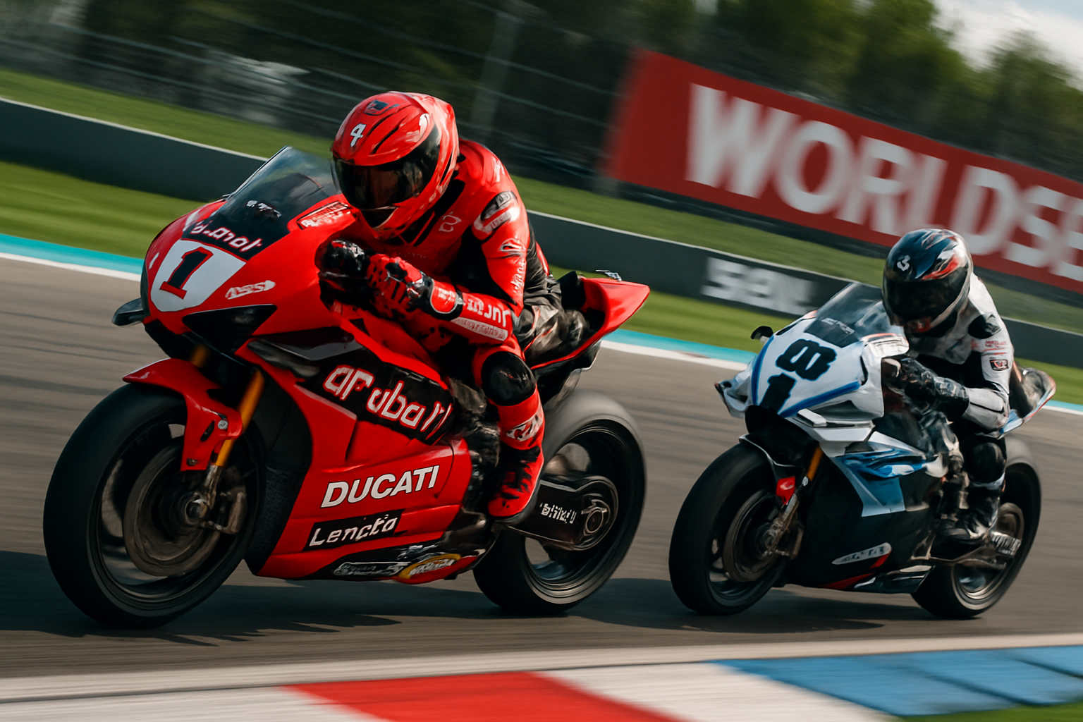 Action shot of WorldSBK 2026 race with Ducati and BMW, dynamic angle