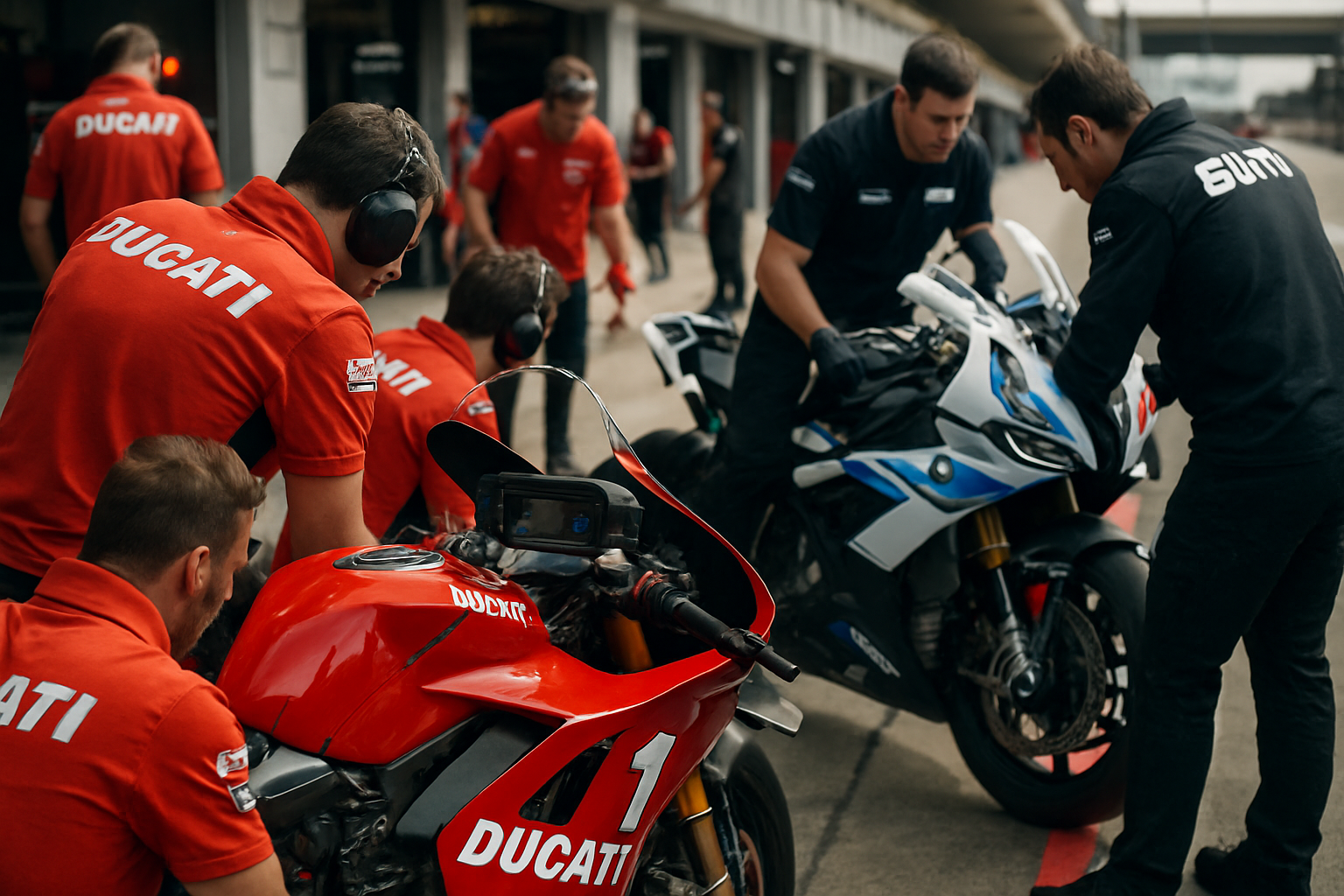 Pit lane view, Ducati and BMW mechanics, cockpit detail