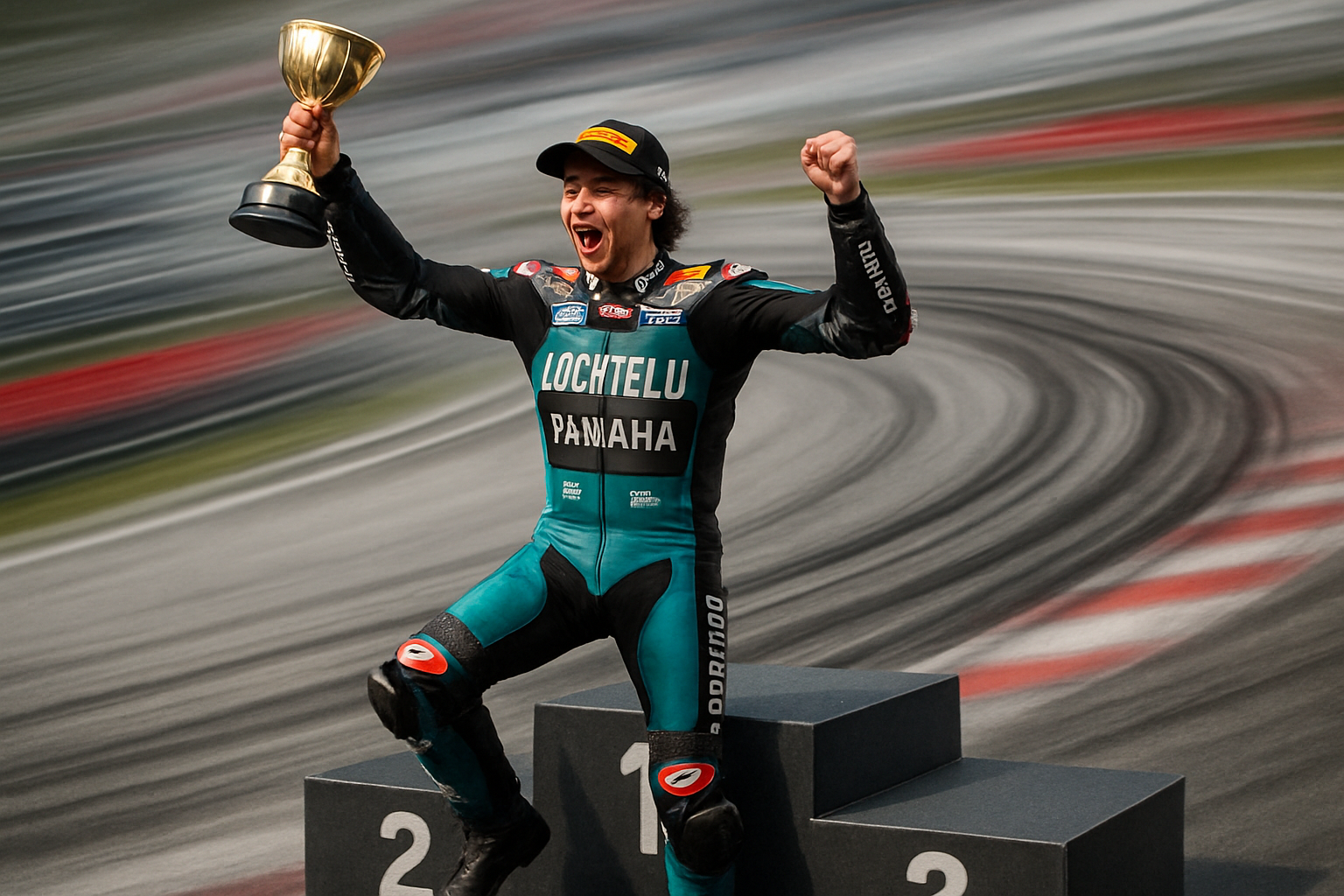 Podium celebration with Locatelli, tire marks, speed blur