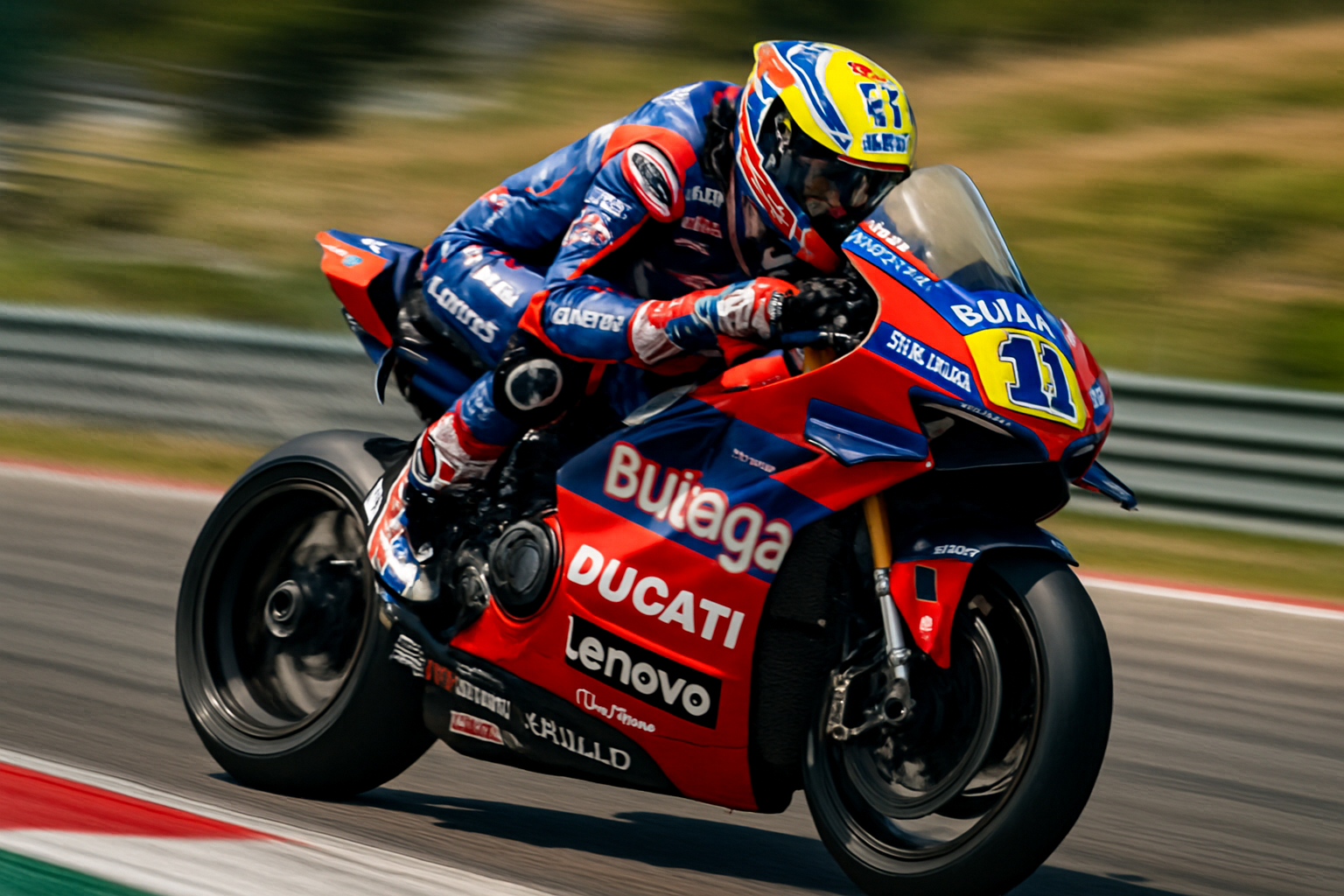 Dynamic photo of WorldSBK racing with Bulega at high speed, 2026 season