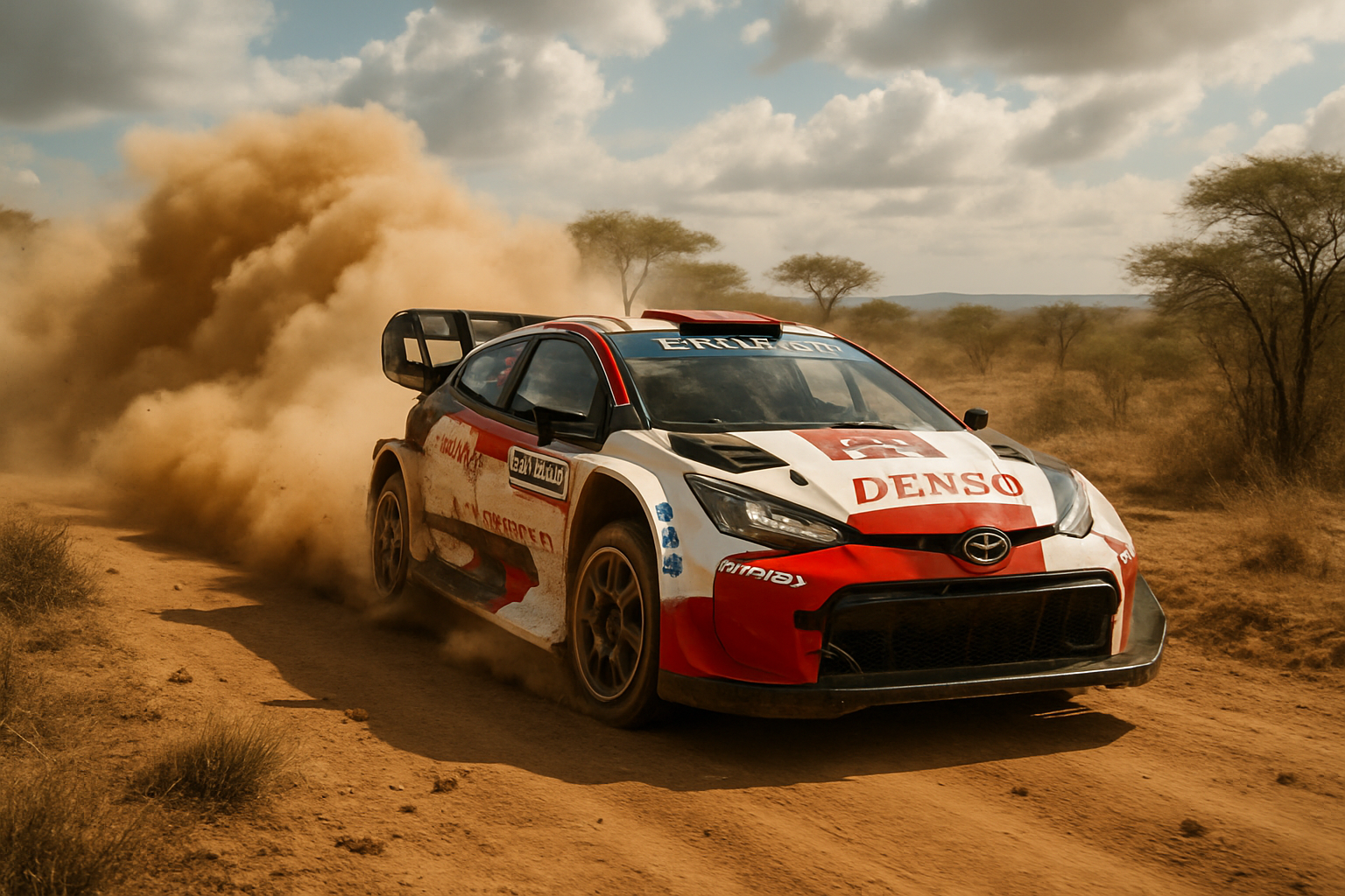 Dynamic shot of Toyota Gazoo Racing car in action, dusty Kenyan landscape, 2026 season