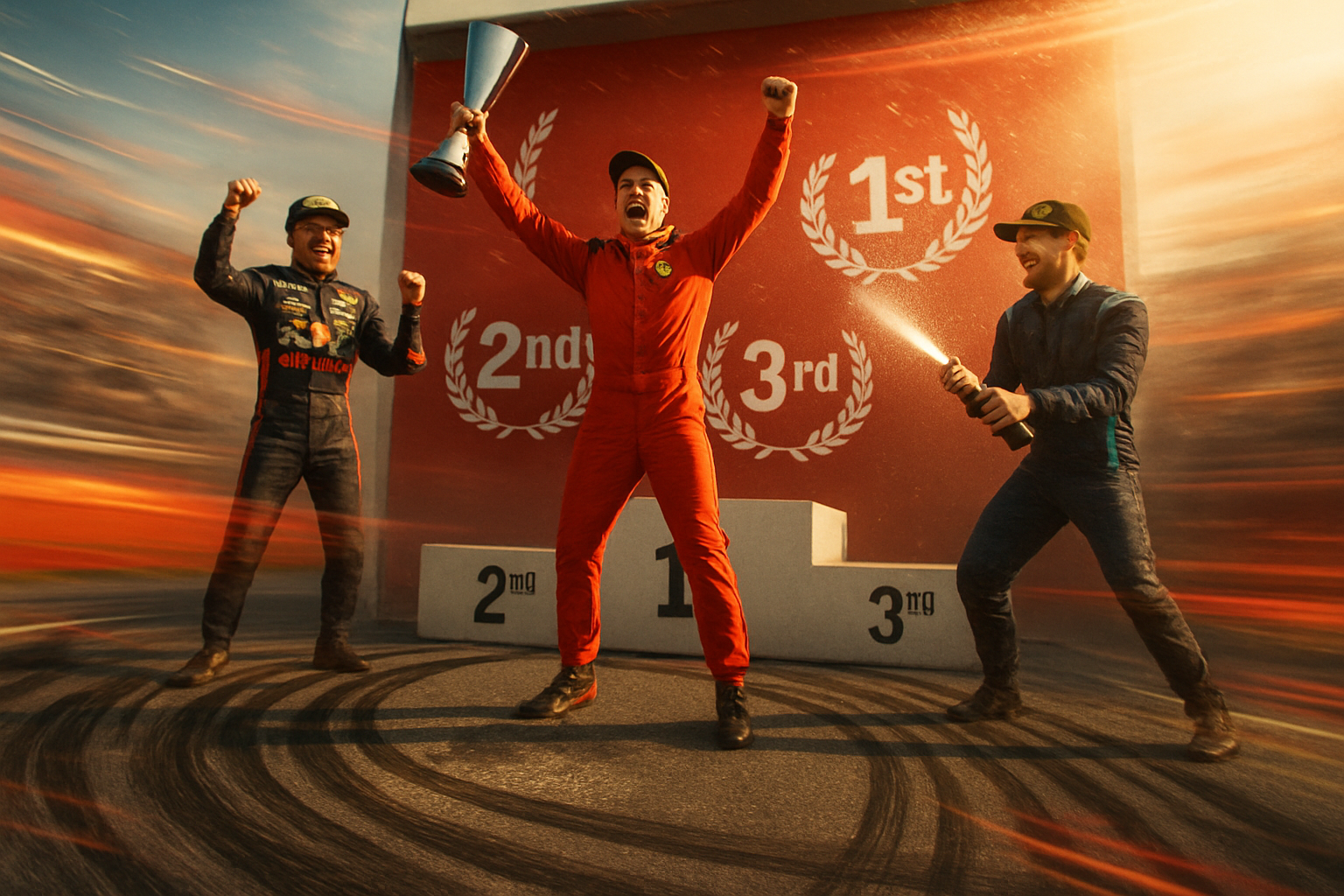 Podium celebration, tire marks on track, speed blur, excitement