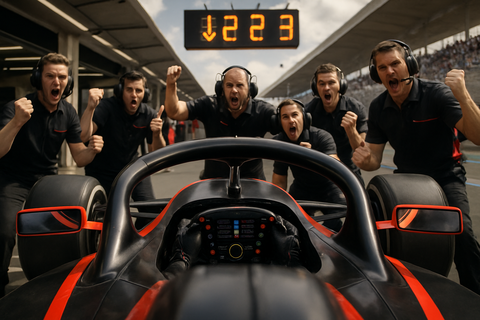Pit lane scene, cockpit detail, team reaction