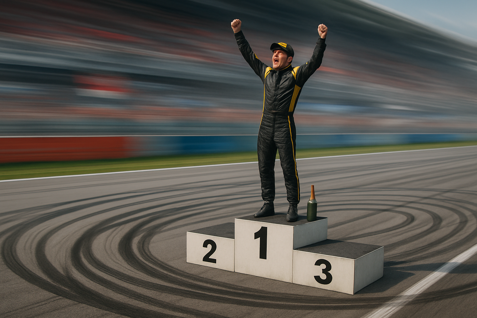 Podium celebration, tire marks, speed blur